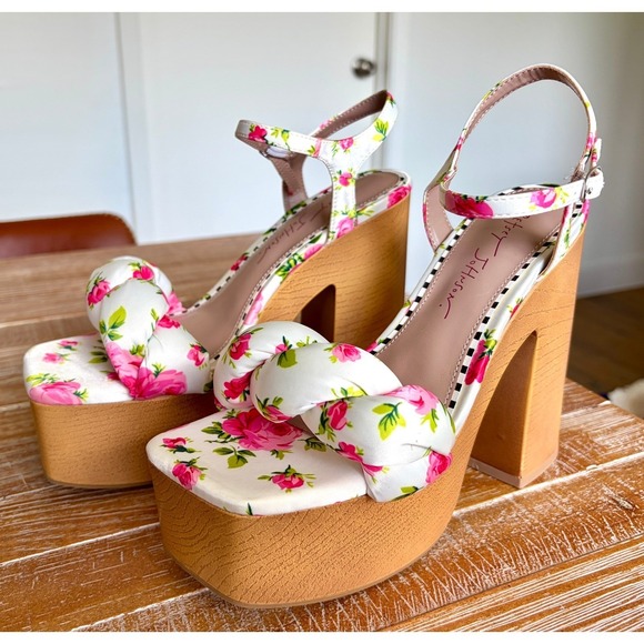 Betsey Johnson Mandee Platform Heels 6.5 Floral Coquette Chunky Sandal Pink Rose - Picture 5 of 7